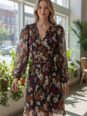 Banana Republic Floral Dress in Black, White, Mustard & Plum